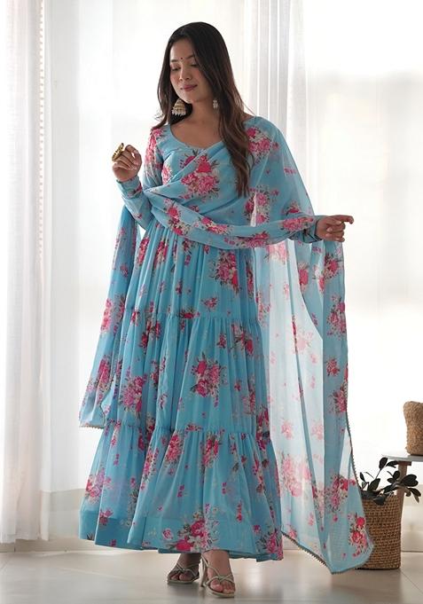 Teal Blue Lace Work Georgette Anarkali Set