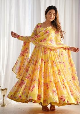 Yellow Lace Work Georgette Anarkali With Dupatta