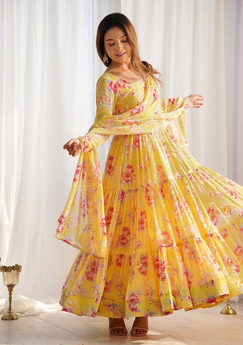 Yellow Lace Work Georgette Anarkali With Dupatta