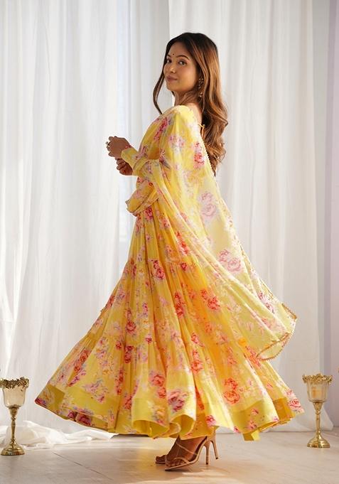Yellow Lace Work Georgette Anarkali With Dupatta