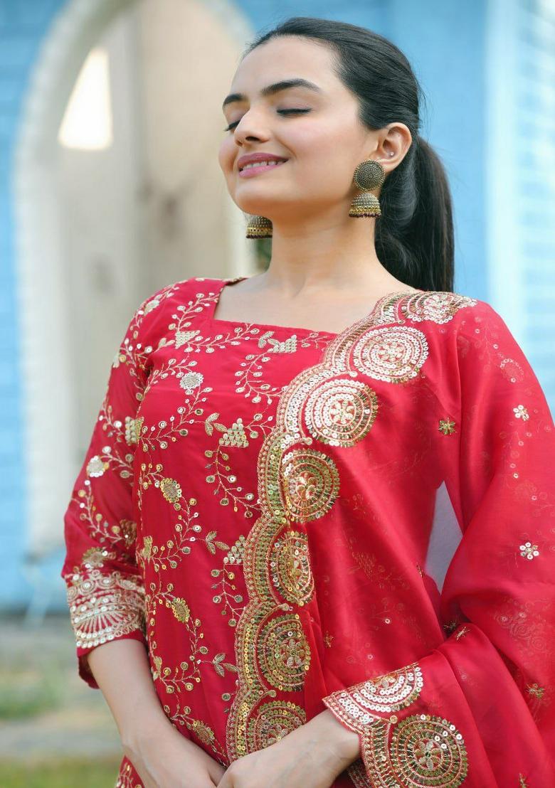 Red Embroidererd Silk Salwar Kameez With Dupatta