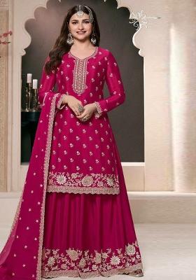 Pink Embroidererd Chinon Silk Palazzo Set With Dupatta