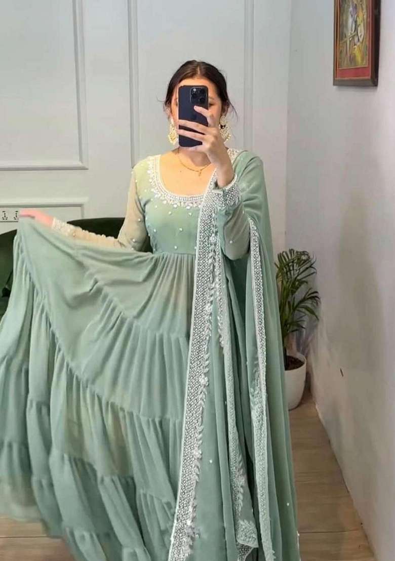 Sky Blue Embroidered Georgette Anarkali Set - Indya