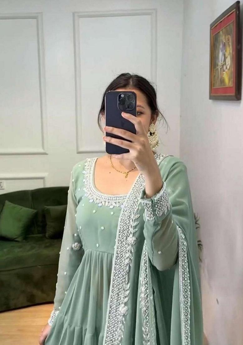 Sky Blue Sequin Embroidered Georgette Anarkali With Dupatta