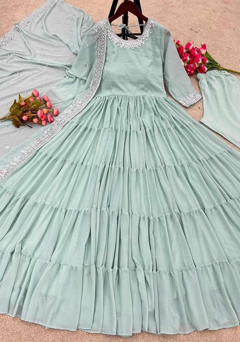 Sky Blue Sequin Embroidered Georgette Anarkali With Dupatta