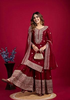 Maroon Sequin Embroidered Chenderi Sharara Set With Dupatta