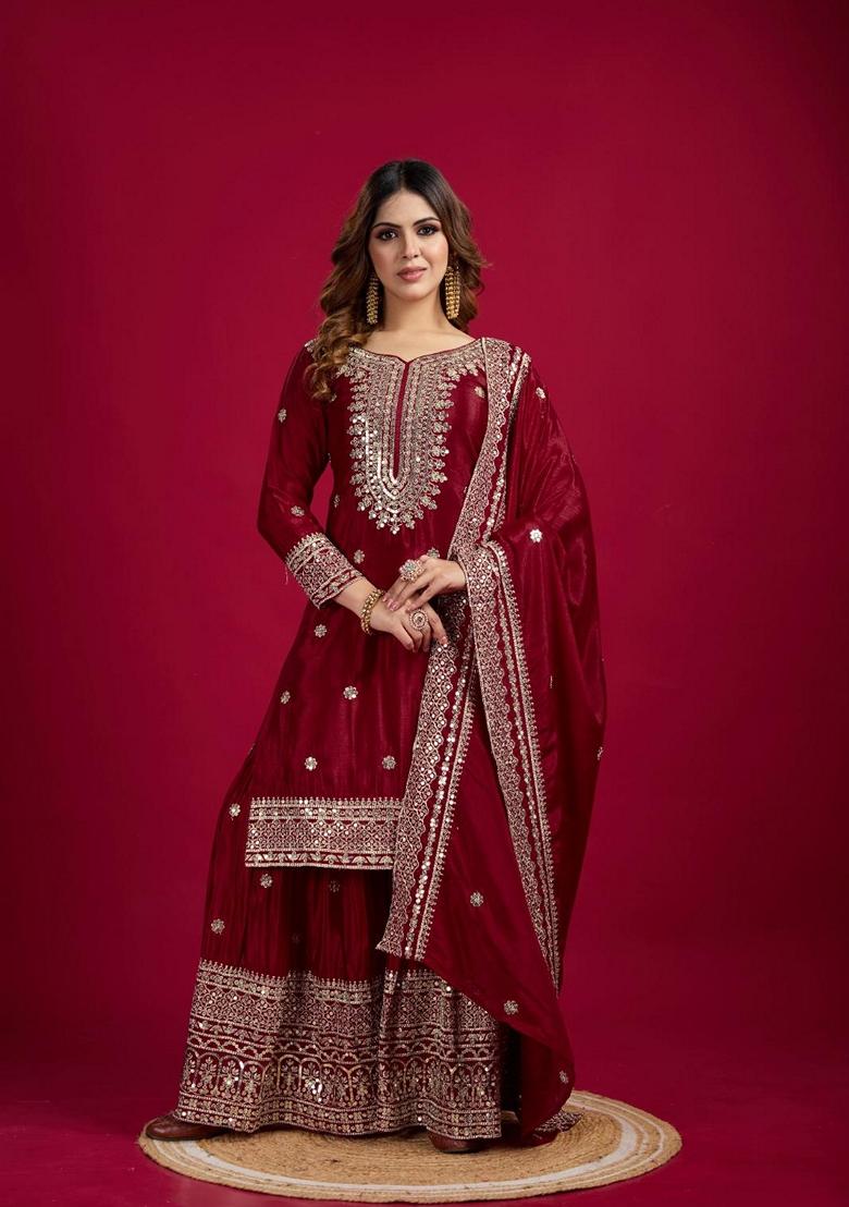 Maroon Sequin Embroidered Chenderi Sharara Set With Dupatta