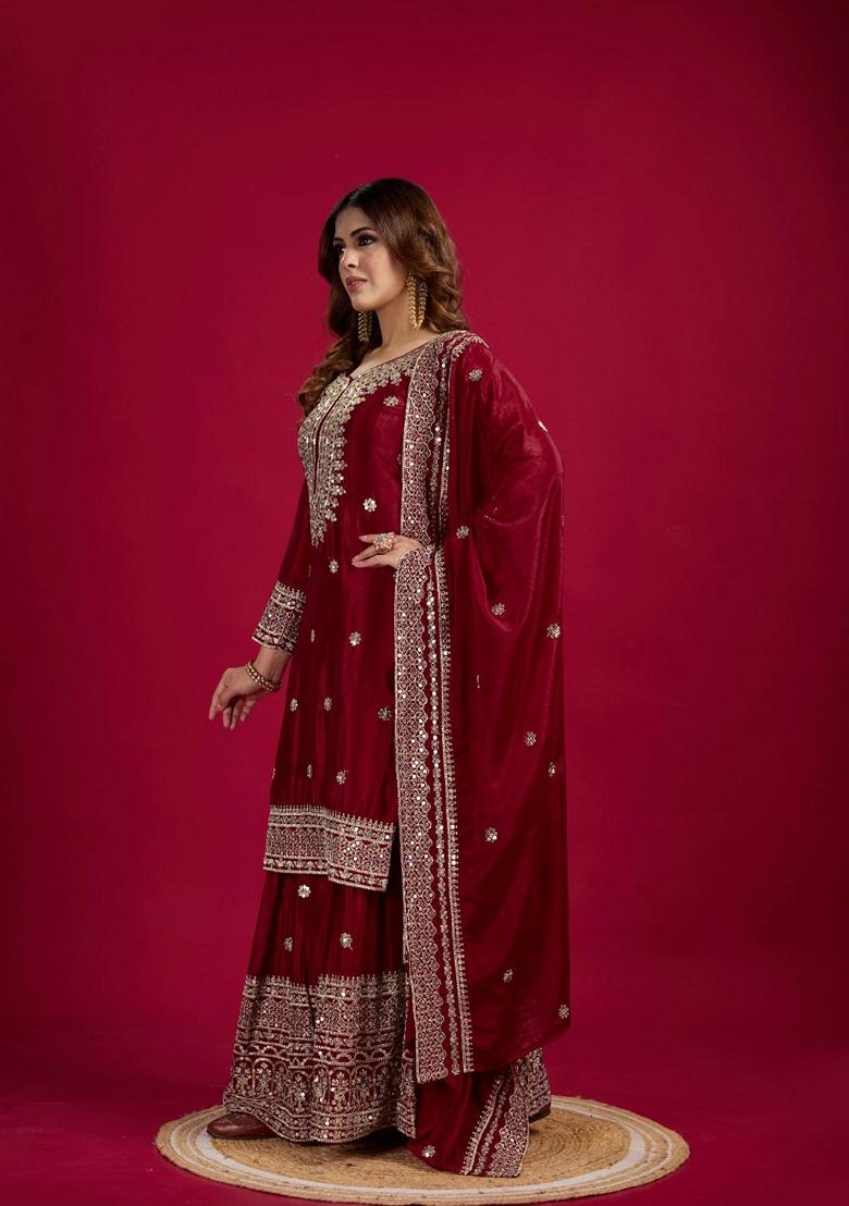 Maroon Sequin Embroidered Chenderi Sharara Set With Dupatta