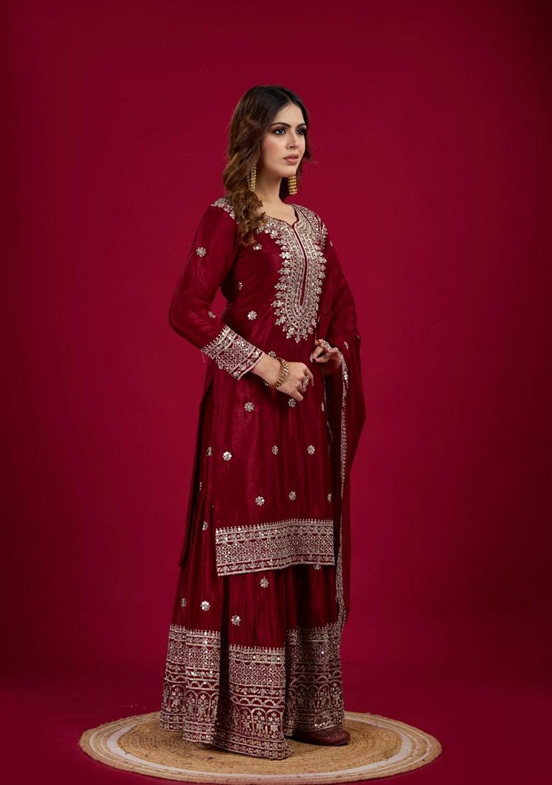 Maroon Sequin Embroidered Chenderi Sharara Set With Dupatta