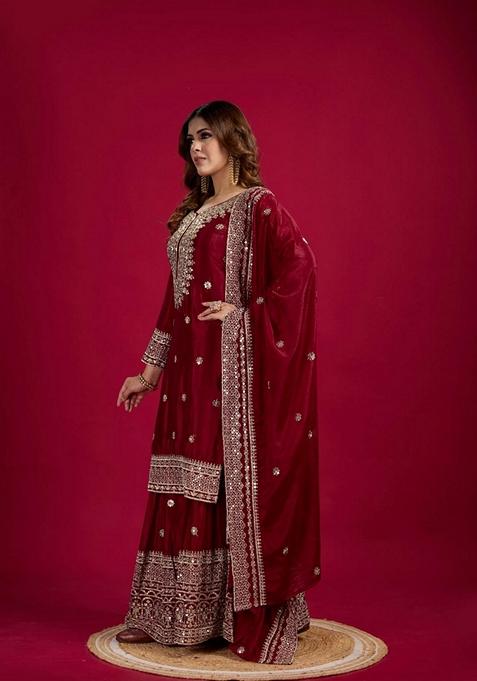 Maroon Sequin Embroidered Chenderi Sharara Set With Dupatta