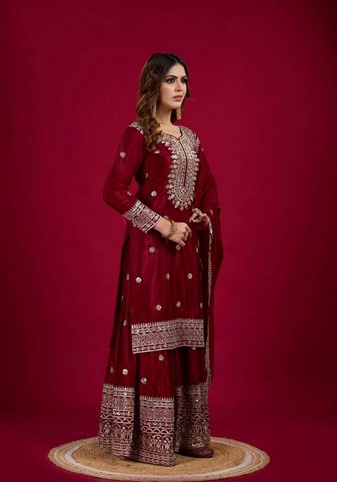 Maroon Sequin Embroidered Chenderi Sharara Set With Dupatta