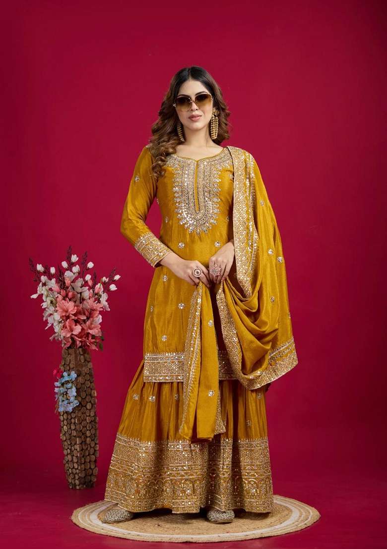 Mustard Yellow Embroidered Chanderi Sharara Set - Indya