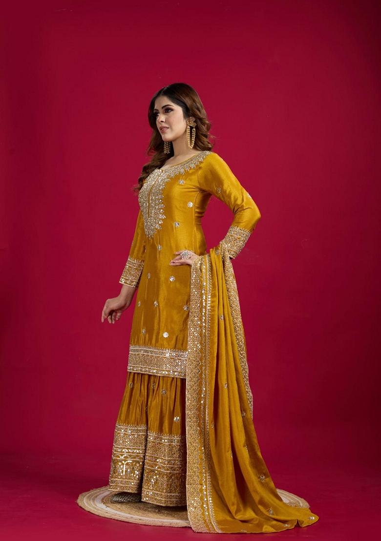 Mustard Yellow Sequin Embroidered Chenderi Sharara Set 