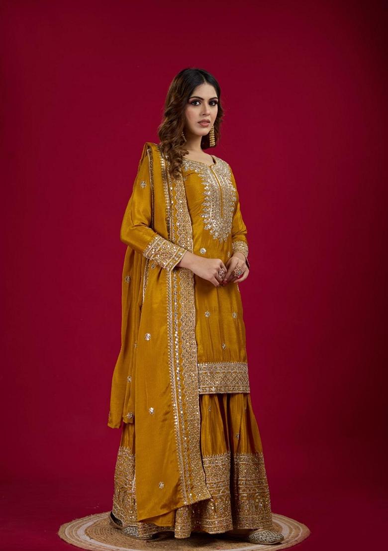 Mustard Yellow Sequin Embroidered Chenderi Sharara Set 
