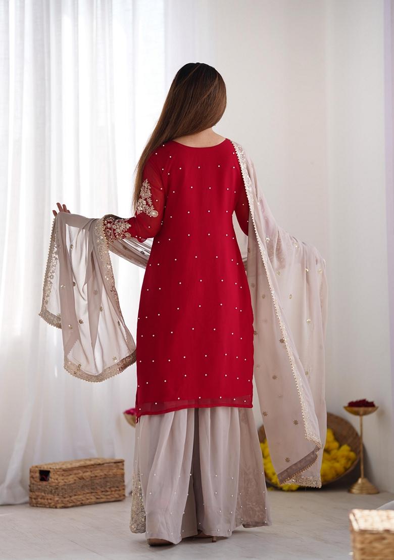 Red Sequin Embroidered Sharara Set With Dupatta