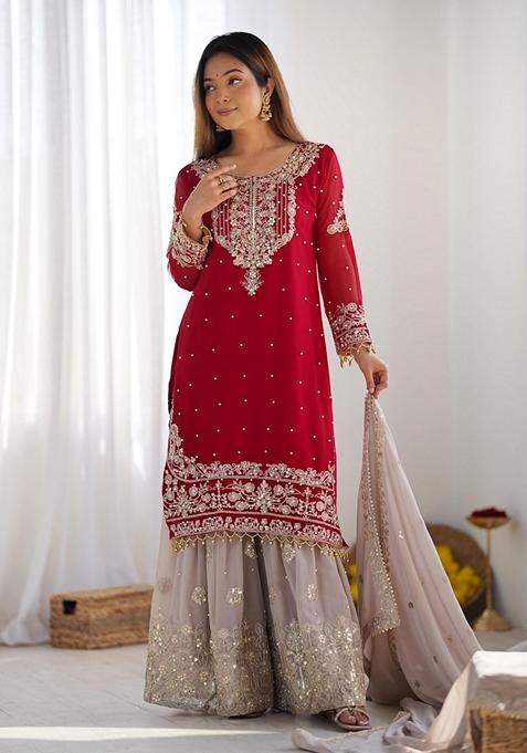 Pink Sequin Embroidered Sharara Set With Dupatta