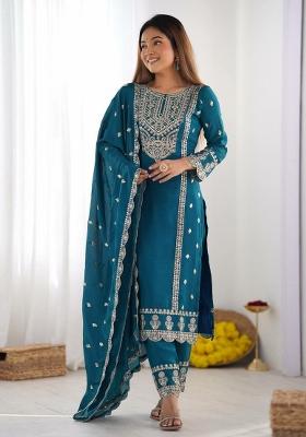 Turquoise Blue Embroidererd Chinon Silk Salwar Kameez With Dupatta