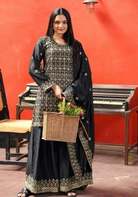 Black Embroidererd Chinon Silk Sharara Set With Dupatta