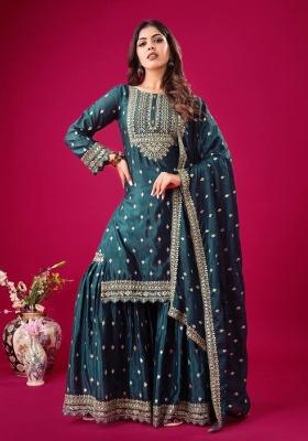 Blue Embroidererd Chinon Silk Sharara Set With Dupatta