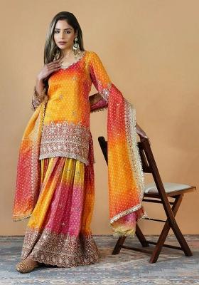 Yellow Embroidererd Chinon Silk Palazzo Set With Dupatta