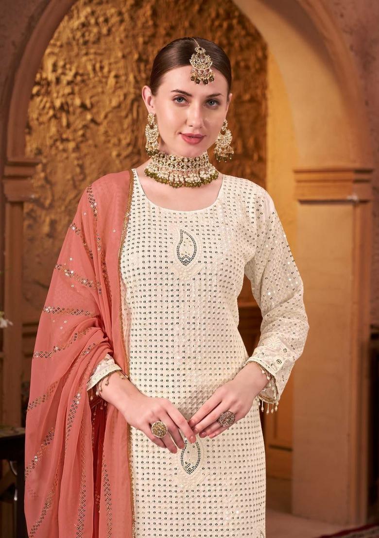 Off White Embroidererd Georgette Salwar Kameez With Dupatta