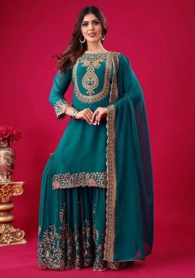 Turquoise Blue Embroidererd Georgette Palazzo Set With Dupatta