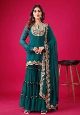 Royal Blue Embroidererd Georgette Palazzo Set With Dupatta