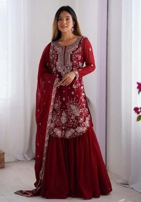 Maroon Embroidererd Georgette Sharara Set With Dupatta