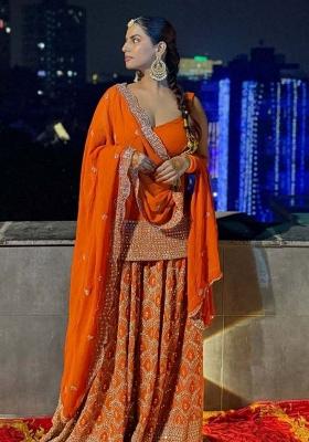 Orange Embroidererd Georgette Palazzo Set With Dupatta