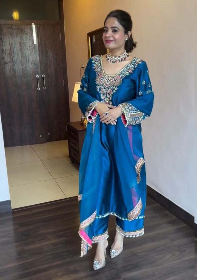 Royal Blue Embroidererd Silk Salwar Kameez With Dupatta