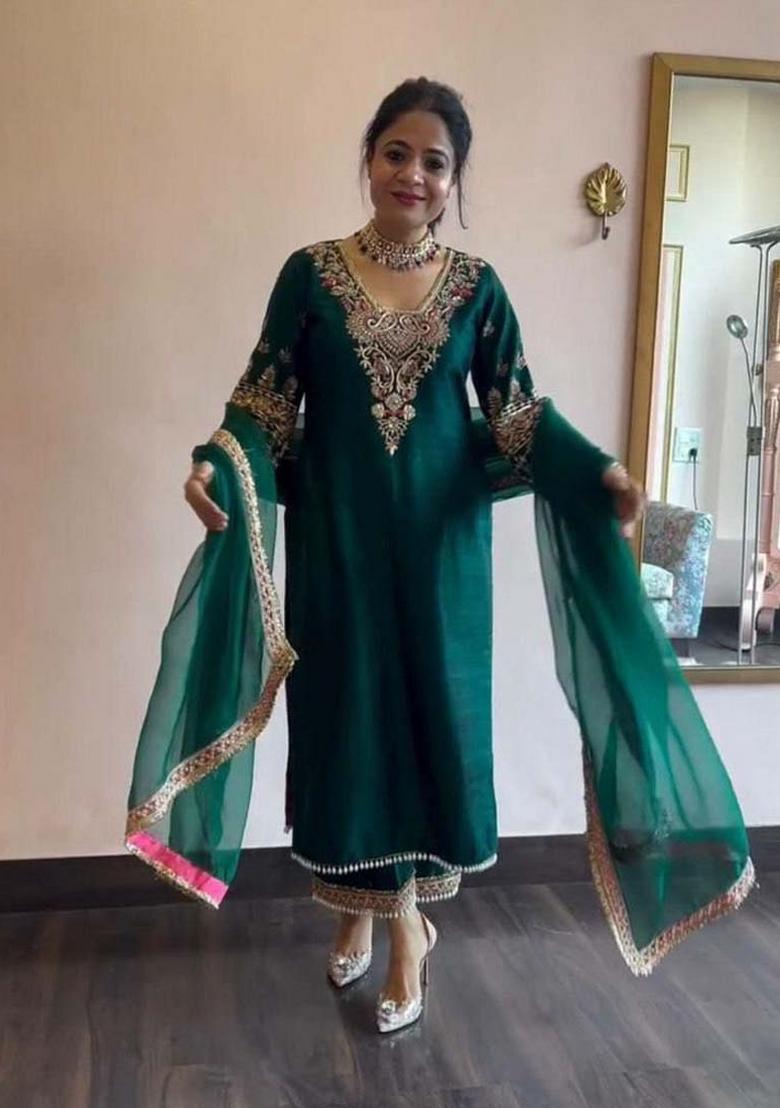 Green Embroidererd Silk Salwar Kameez With Dupatta