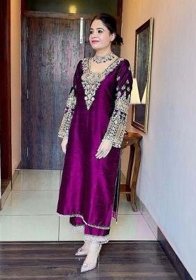 Violet Embroidererd Silk Salwar Kameez With Dupatta