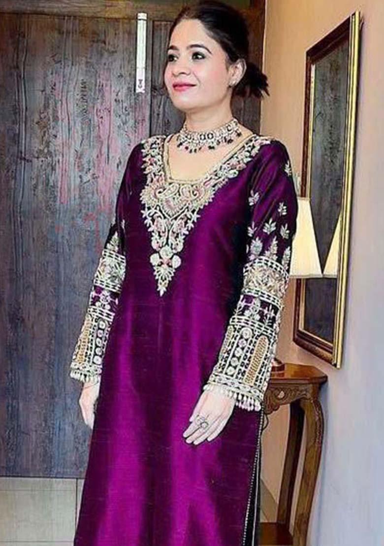 Violet Embroidererd Silk Salwar Kameez With Dupatta