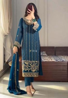 Firoji Blue Embroidererd Silk Salwar Kameez With Dupatta