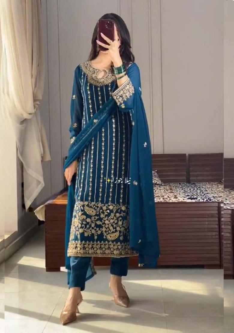 Firoji Blue Embroidererd Silk Salwar Kameez With Dupatta