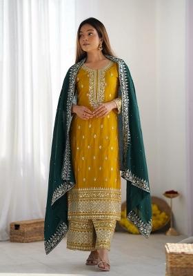 Yellow Embroidererd Silk Salwar Kameez With Dupatta