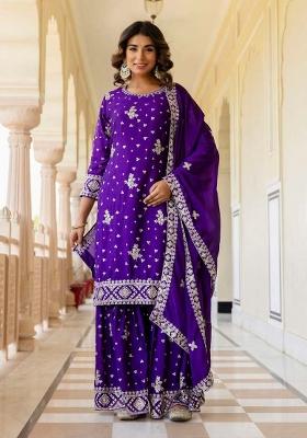 Violet Embroidererd Silk Sharara Set With Dupatta