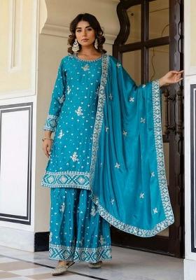 Teal Blue Embroidererd Silk Sharara Set With Dupatta
