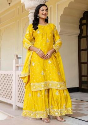 Yellow Embroidererd Silk Sharara Set With Dupatta