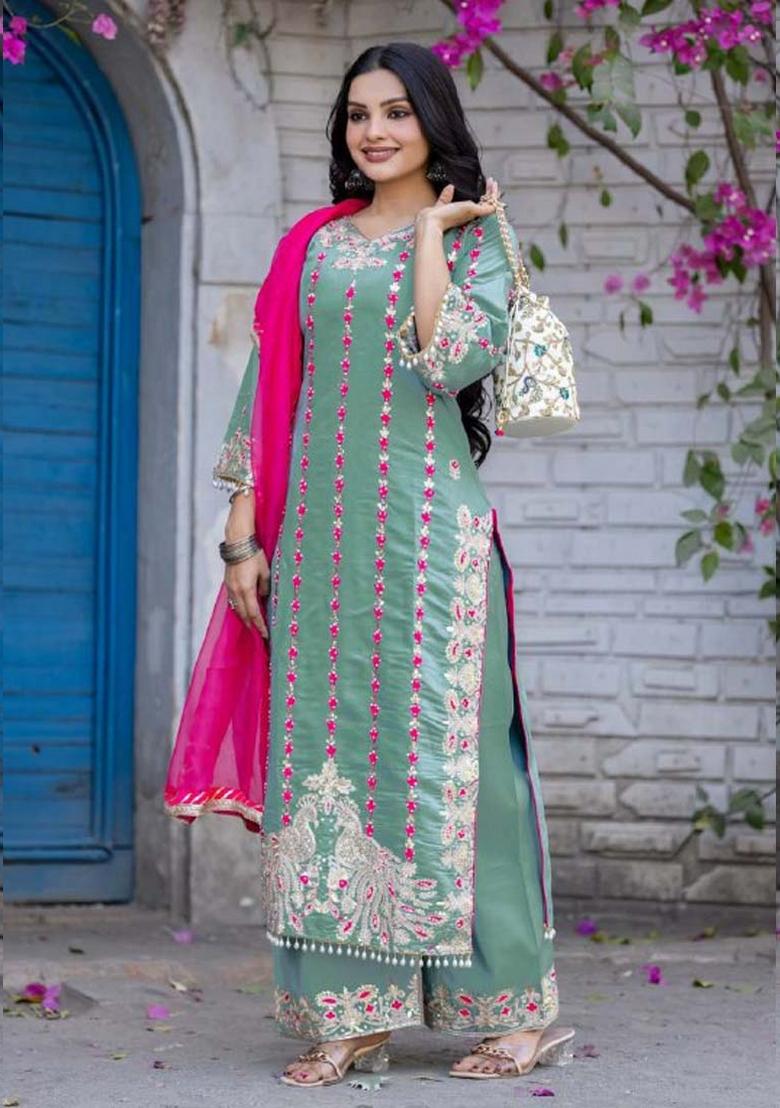 See Green Embroidererd Silk Salwar Kameez With Dupatta
