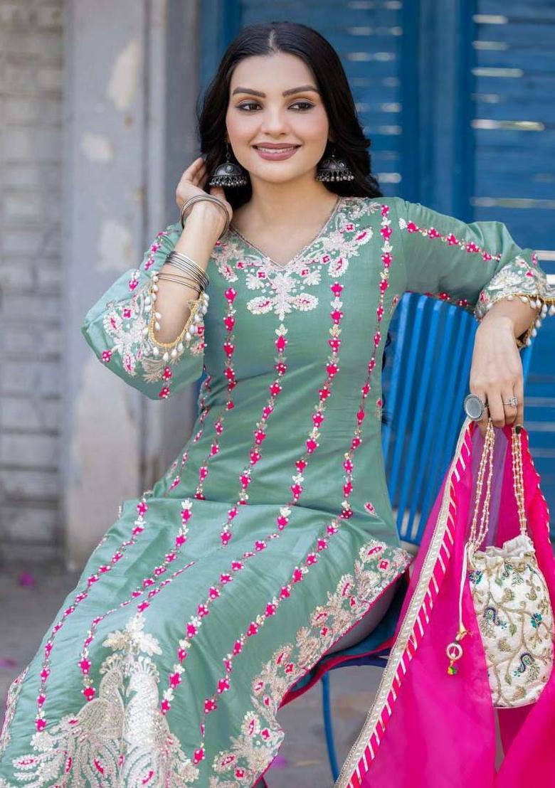 See Green Embroidererd Silk Salwar Kameez With Dupatta