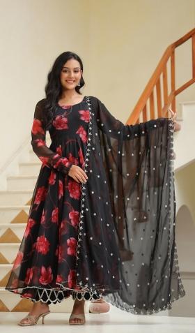 Black Embroidered Cotton Blend Salwar Kameez With Dupatta