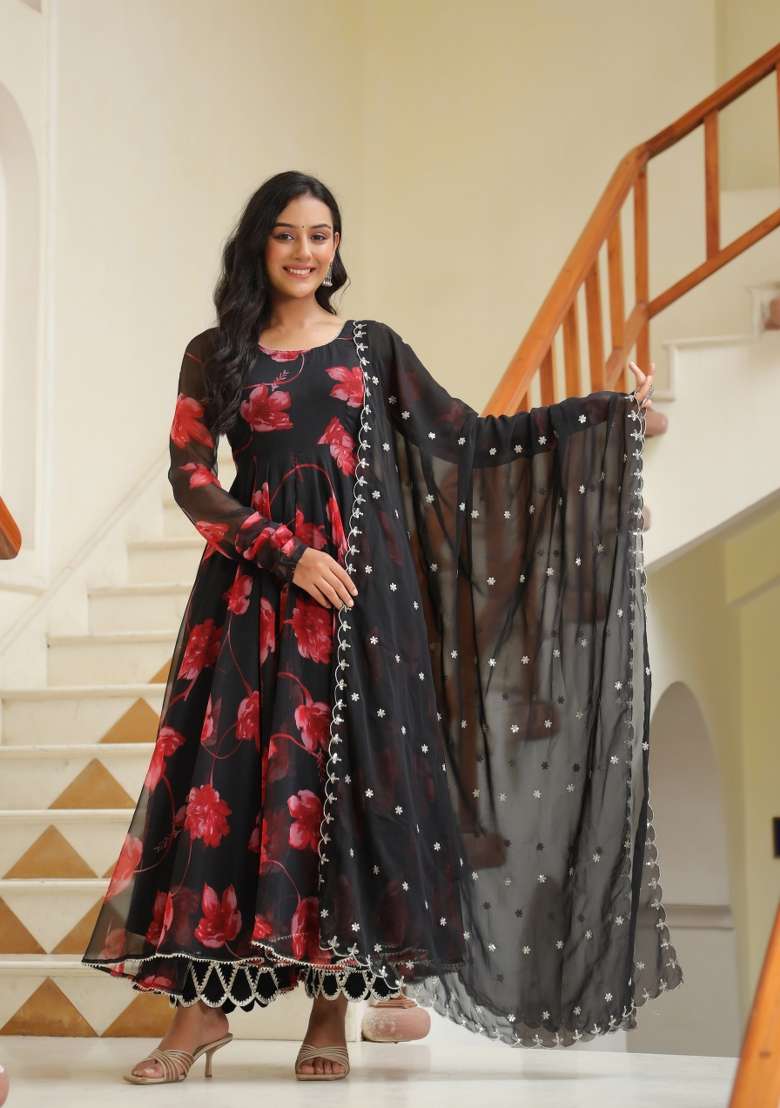 Black Floral Print Cotton Anarkali Set - Indya