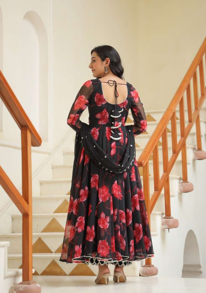 Black Floral Print Cotton Anarkali Set - Indya