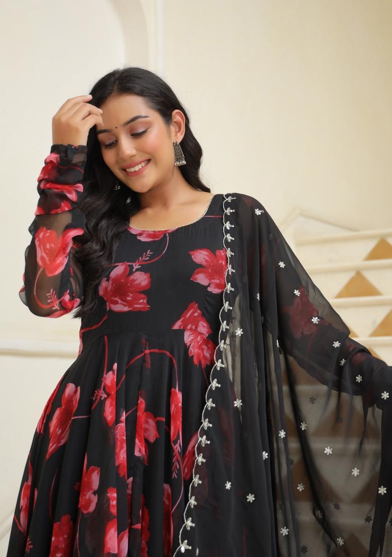 Black Embroidered Cotton Blend Salwar Kameez With Dupatta