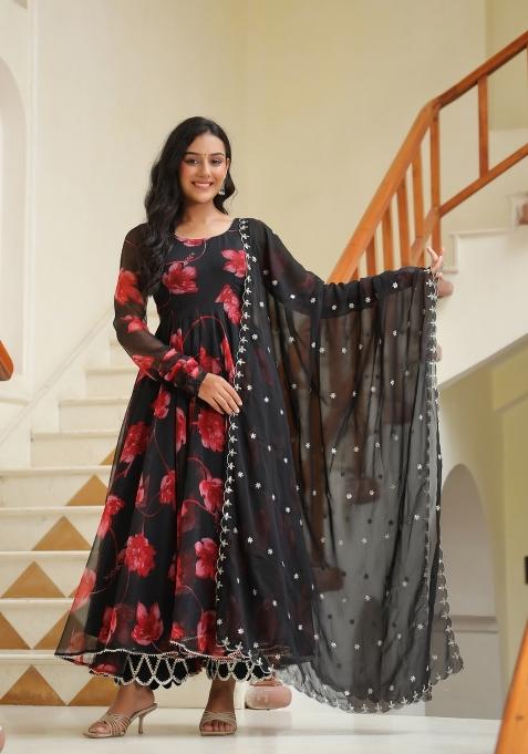 Black Embroidered Cotton Blend Salwar Kameez With Dupatta
