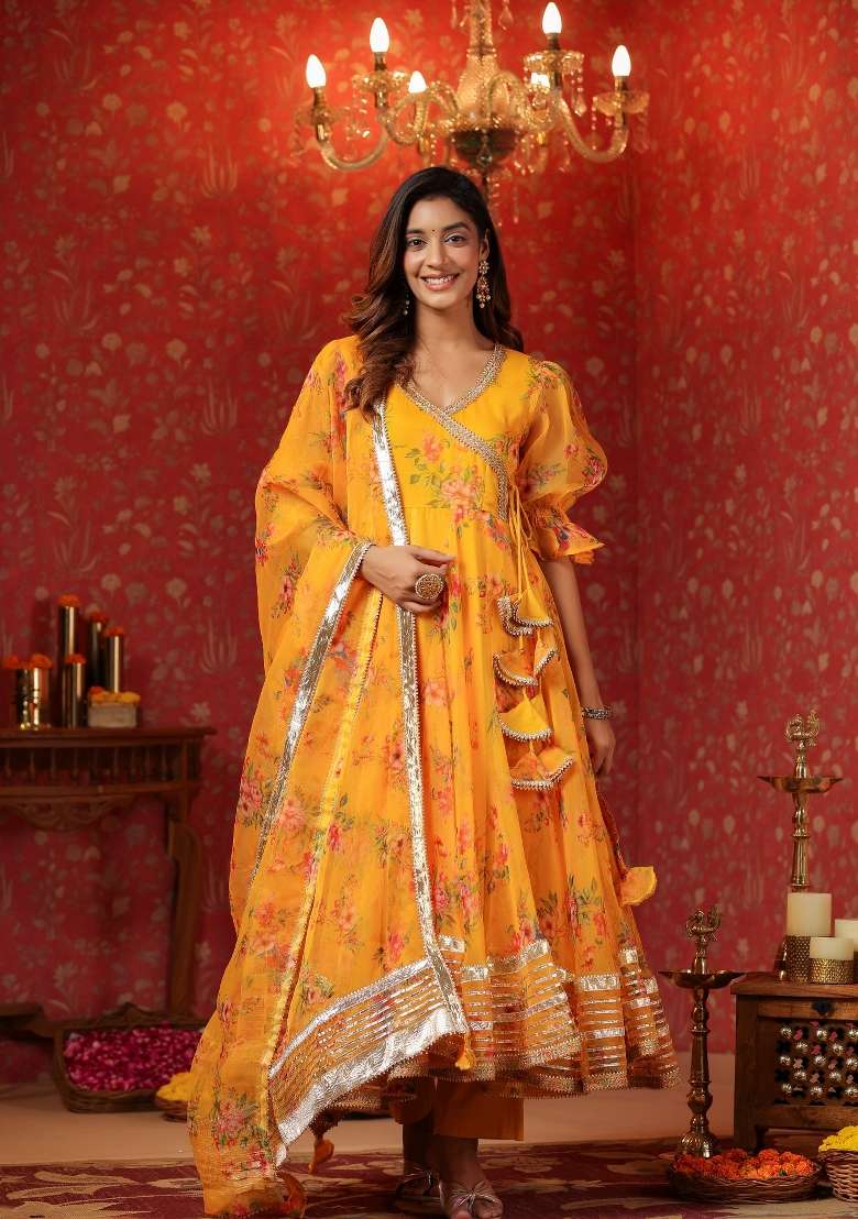 Yellow Floral Print Cotton Anarkali Set - Indya