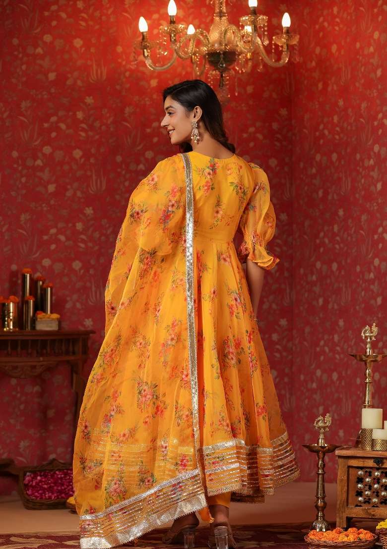 Yellow Floral Print Cotton Anarkali Set - Indya