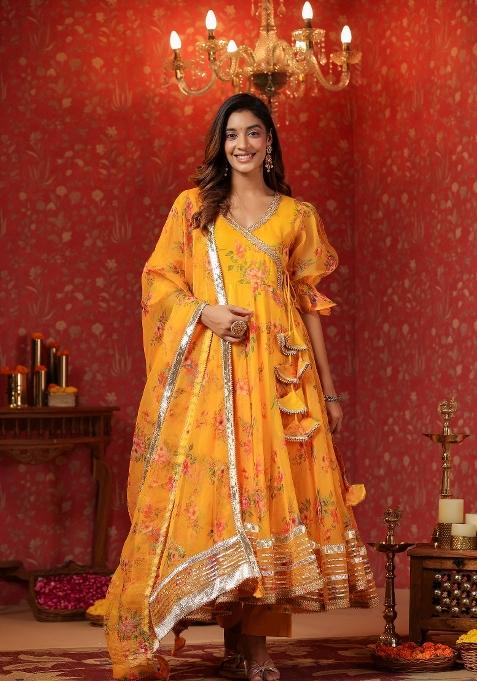 Yellow Embroidered Cotton Blend Salwar Kameez With Dupatta
