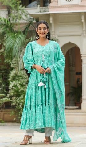 Blue Embroidered Cotton Blend Salwar Kameez With Dupatta